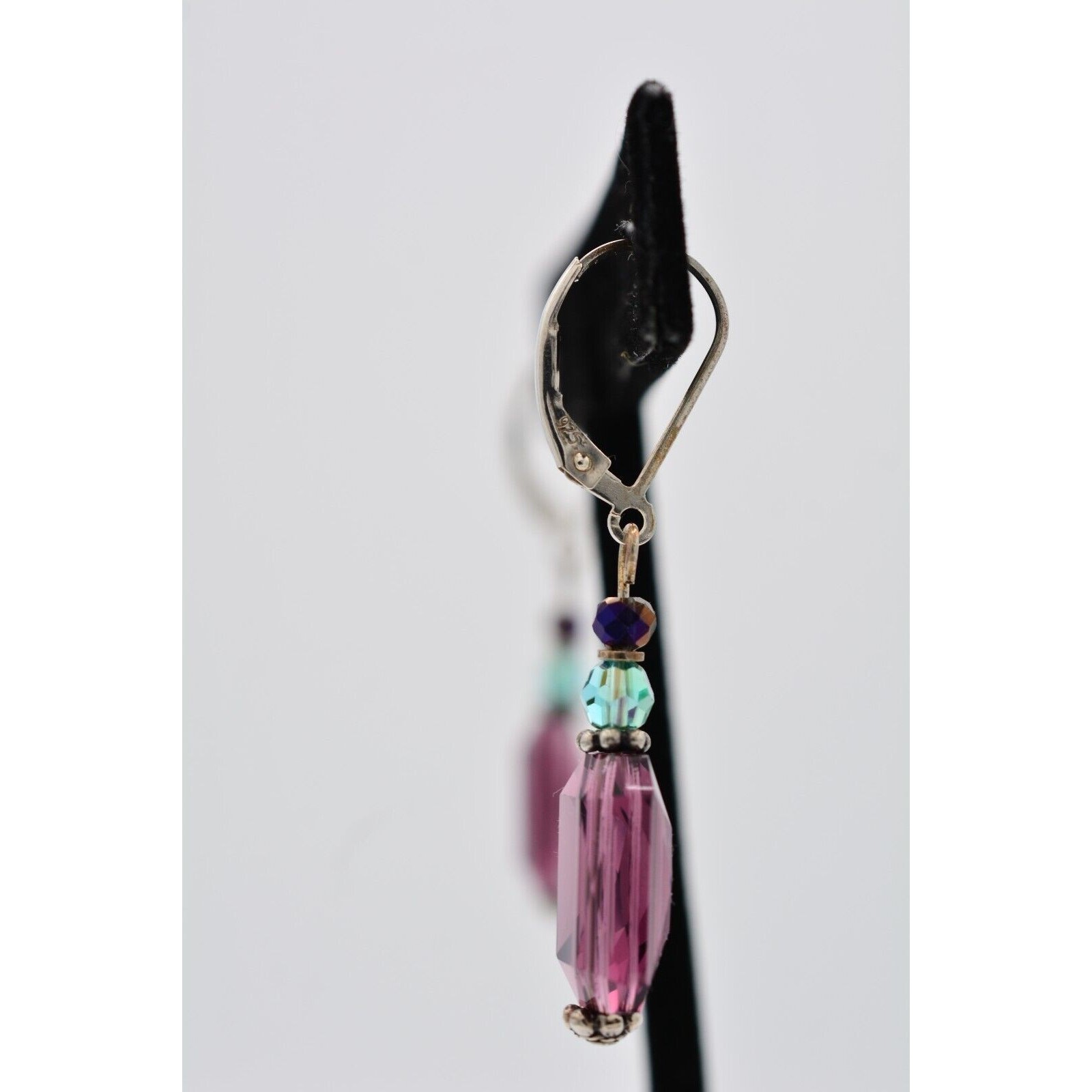 Vintage Crystal Dangle Earrings 925 Sterling Silver Purple Blue Beaded 1980s 9I