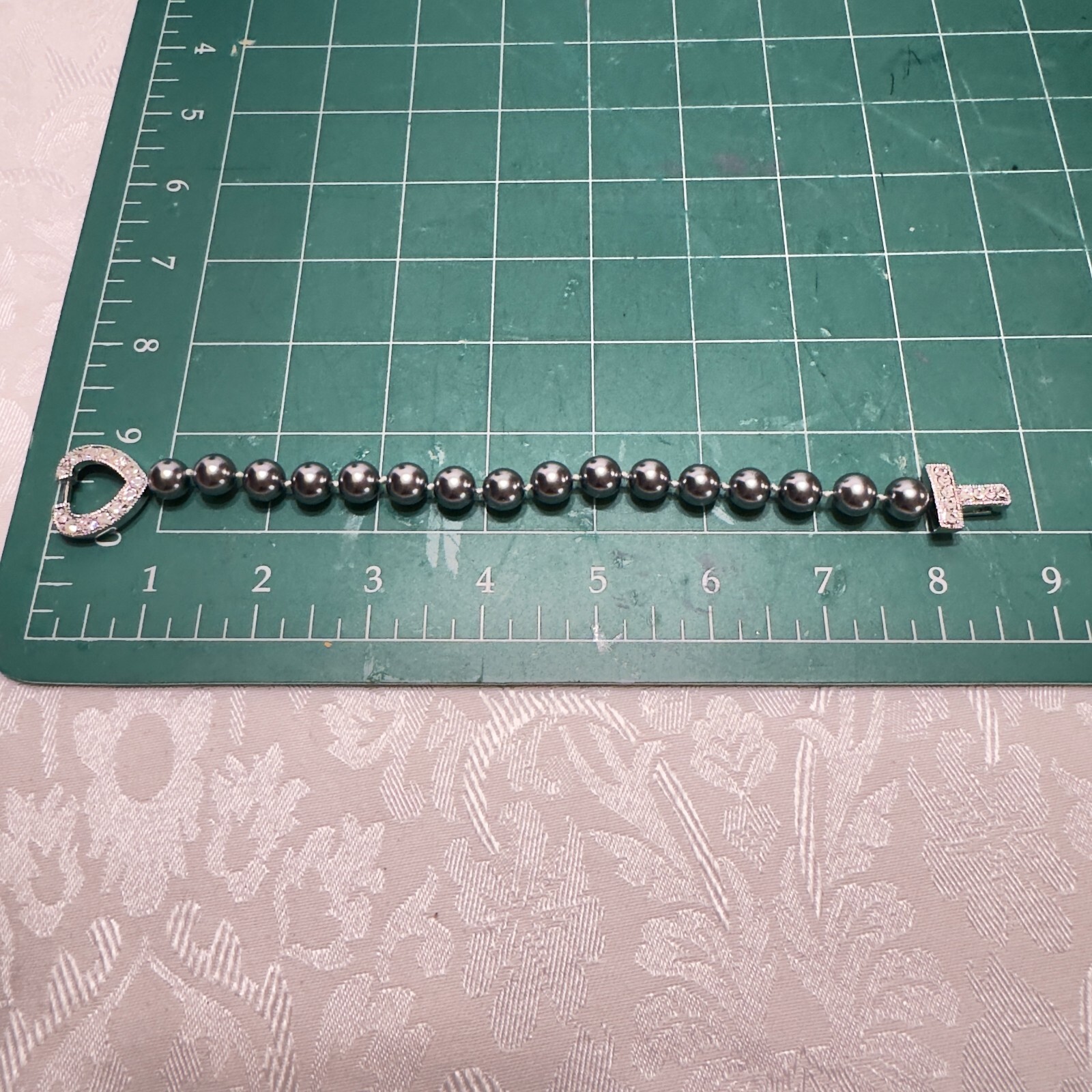 Faux Grey Gray Pearl Necklace And Bracelet Set Heart Lock Clasp Rhinestones