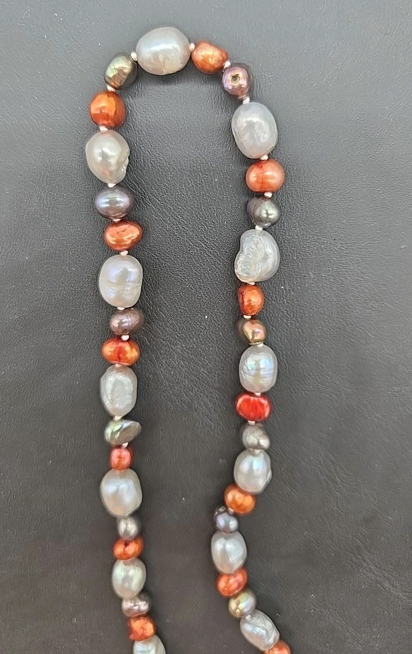 Vintage Multi Color Baroque Pearl Iridescent Shiny Statement Necklace Long 28”