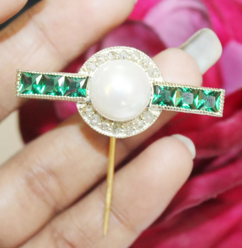 0.85ct Rose Cut Diamond 925 Silver Emerald Pearl Anniversary Wedding Stick Pin