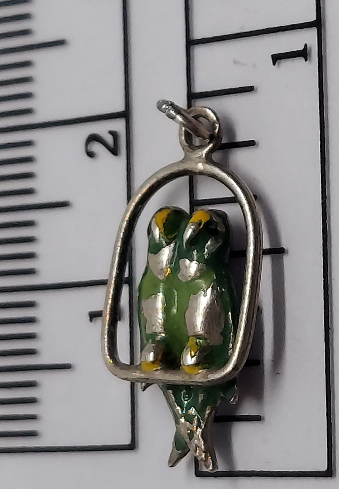 vintage CHARM Sterling Silver 3D enamel green Lovebirds bird parrot