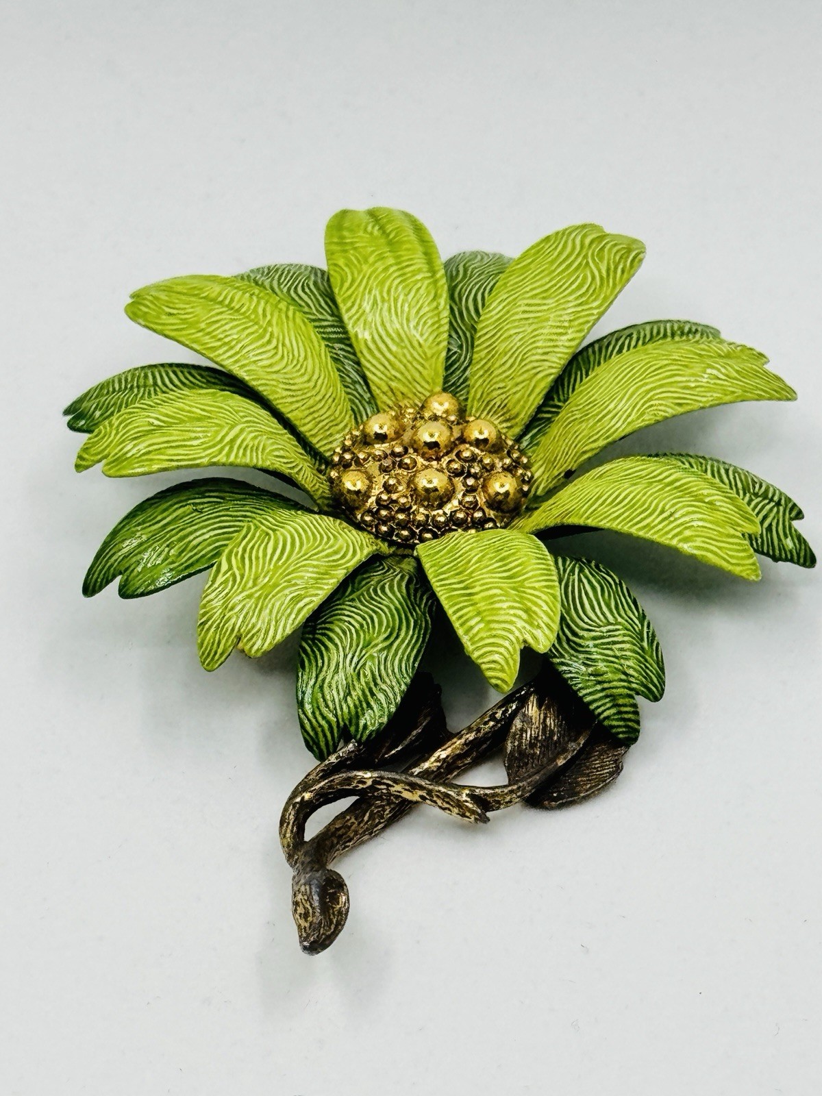 Vintage Hedy Enamel Daisy Brooch Green Layered Flower Pin 1950s 1960s