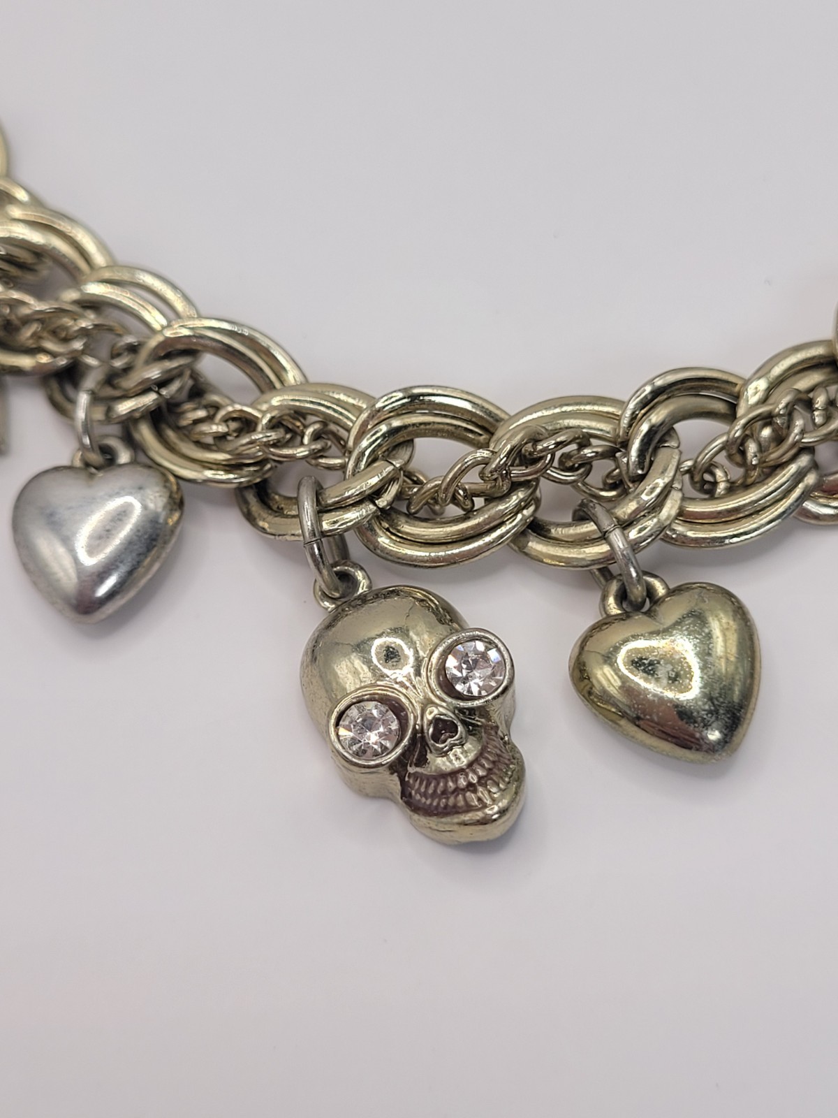 Punk Retro Gwen Skulls Hearts Crosses Charm Necklace Gold Tone Crystals 18″