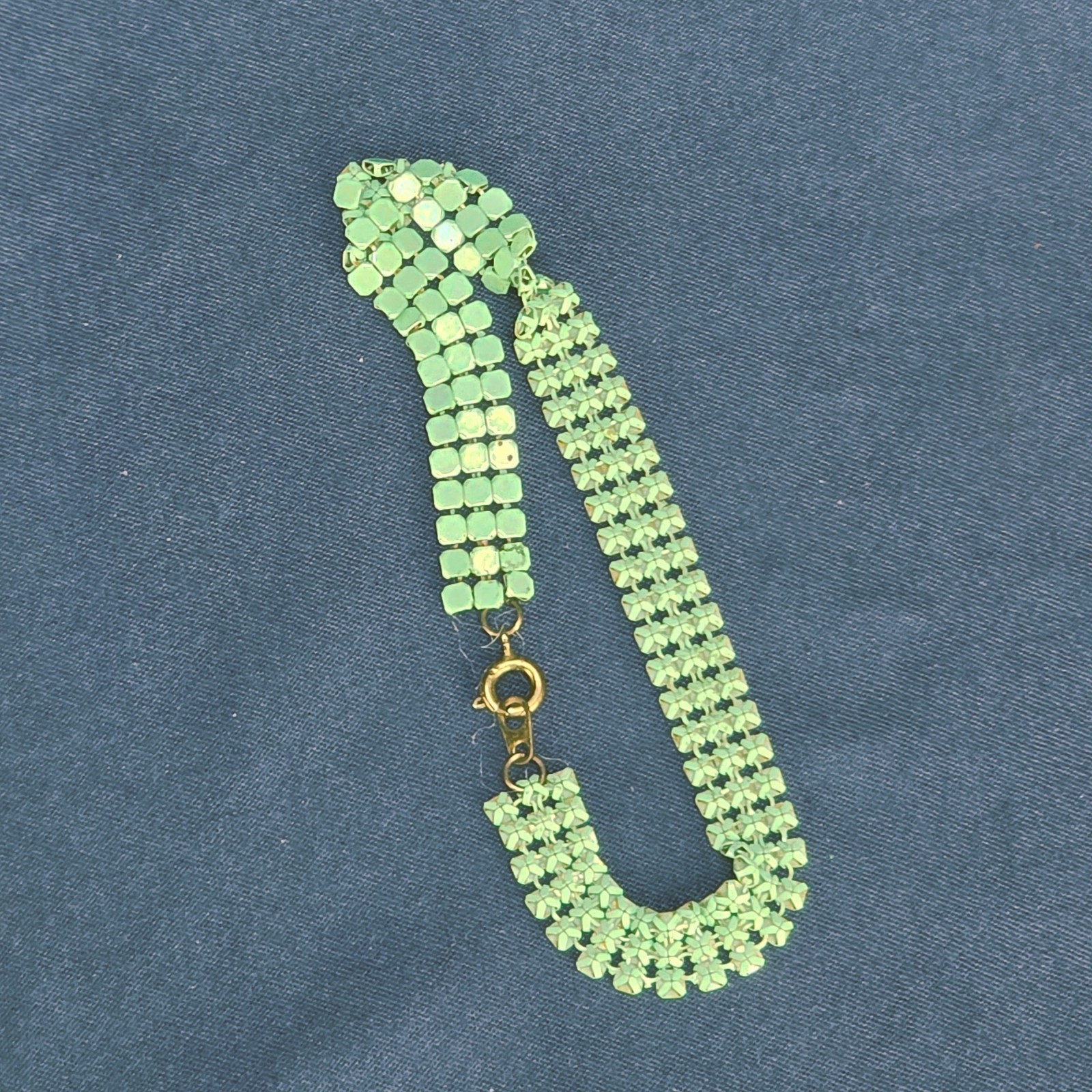 Blue Green Metal Mesh Bracelet Multi Strand Silver Clasp Vintage