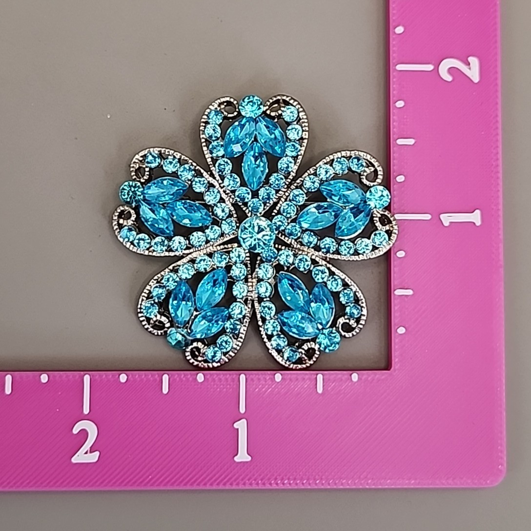 Vintage Flower Rhinestone Brooch Hearts Blue Marquise Filigree Silver Tone 1.75″
