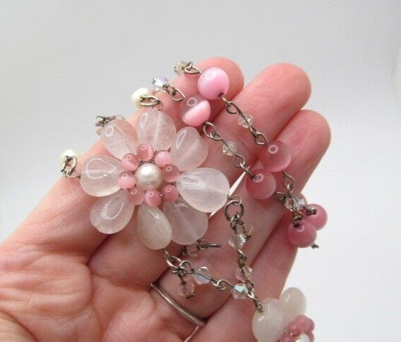 Stunning Pearl Pink Cats Eye Pink Quartz Stone Heart Flower Lariat Necklace