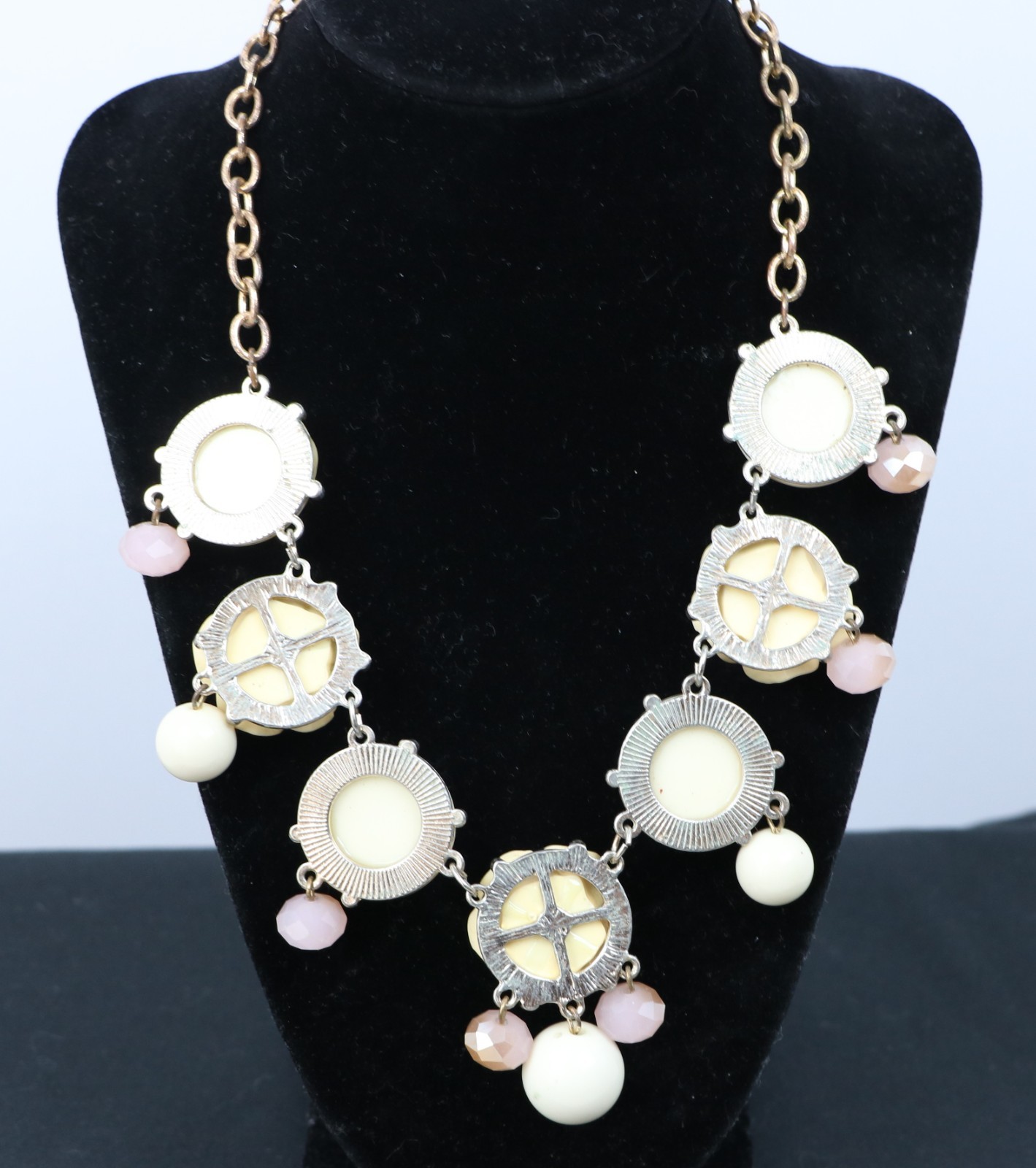 Rose Floral Statement Necklace Cream Bubble Bead Bib Boho Gold Tone