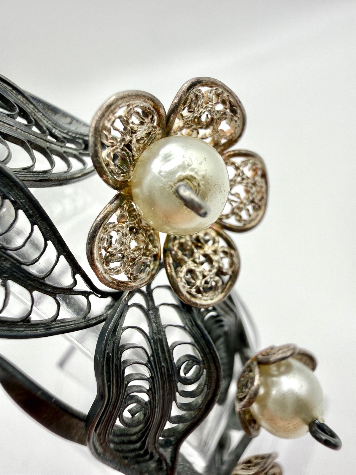 Rare Vintage Soviet USSR 960/950 Silver Filigree Hinged Cuff Bracelet Faux Pearl