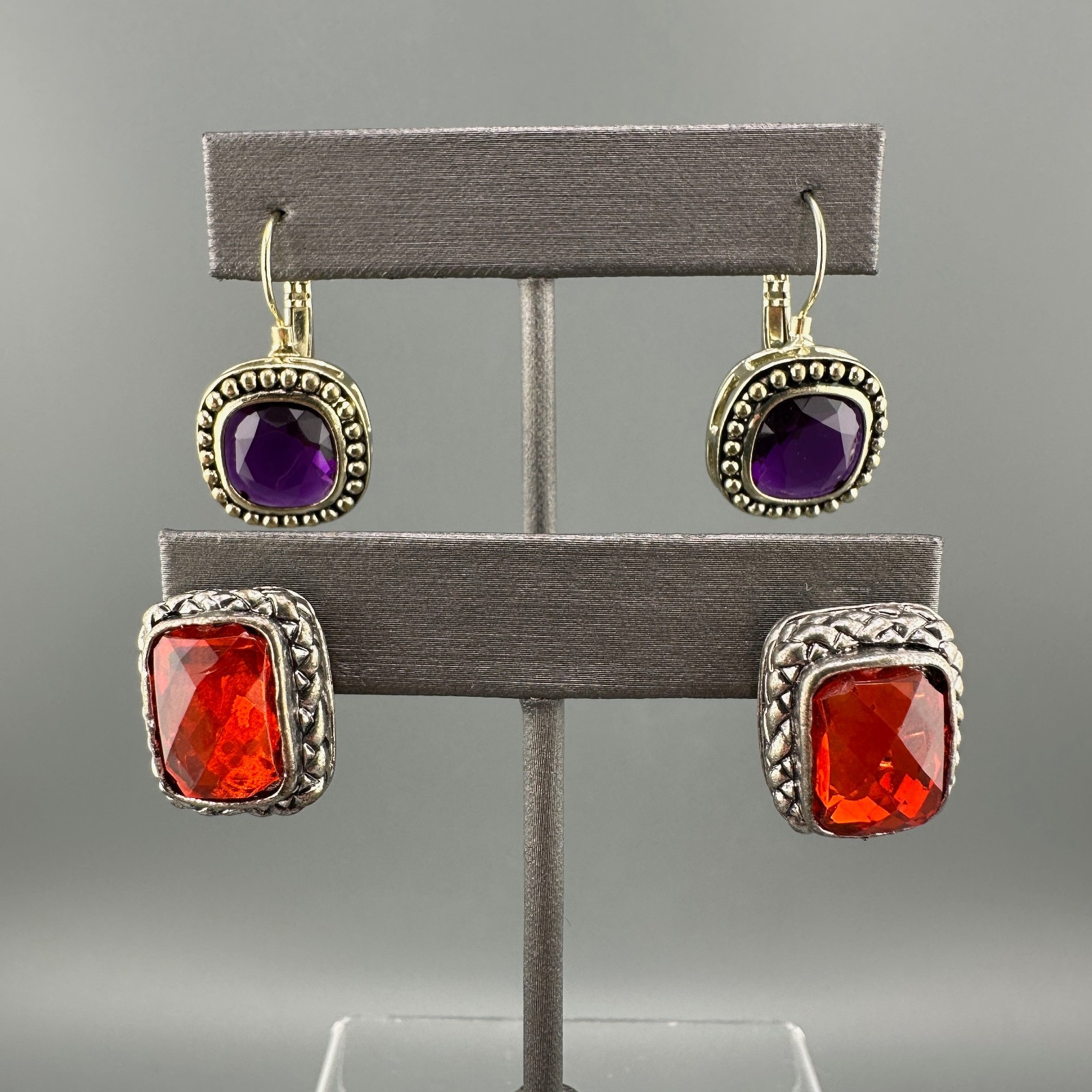 Vintage Rhinestone Earrings Lot Leverback Wingback Purple Red Silver Gold Tone