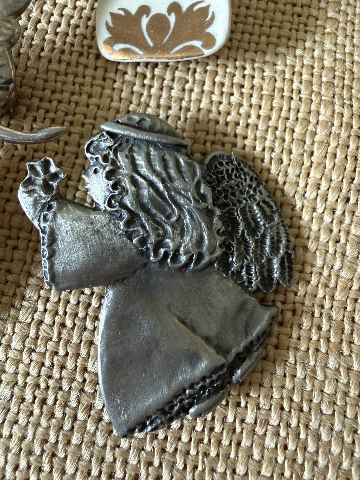 Vintage Antique Angel Lotus Brooch Pins 4 Pewter Ceramic KAHA | HMK. CDS | EUC