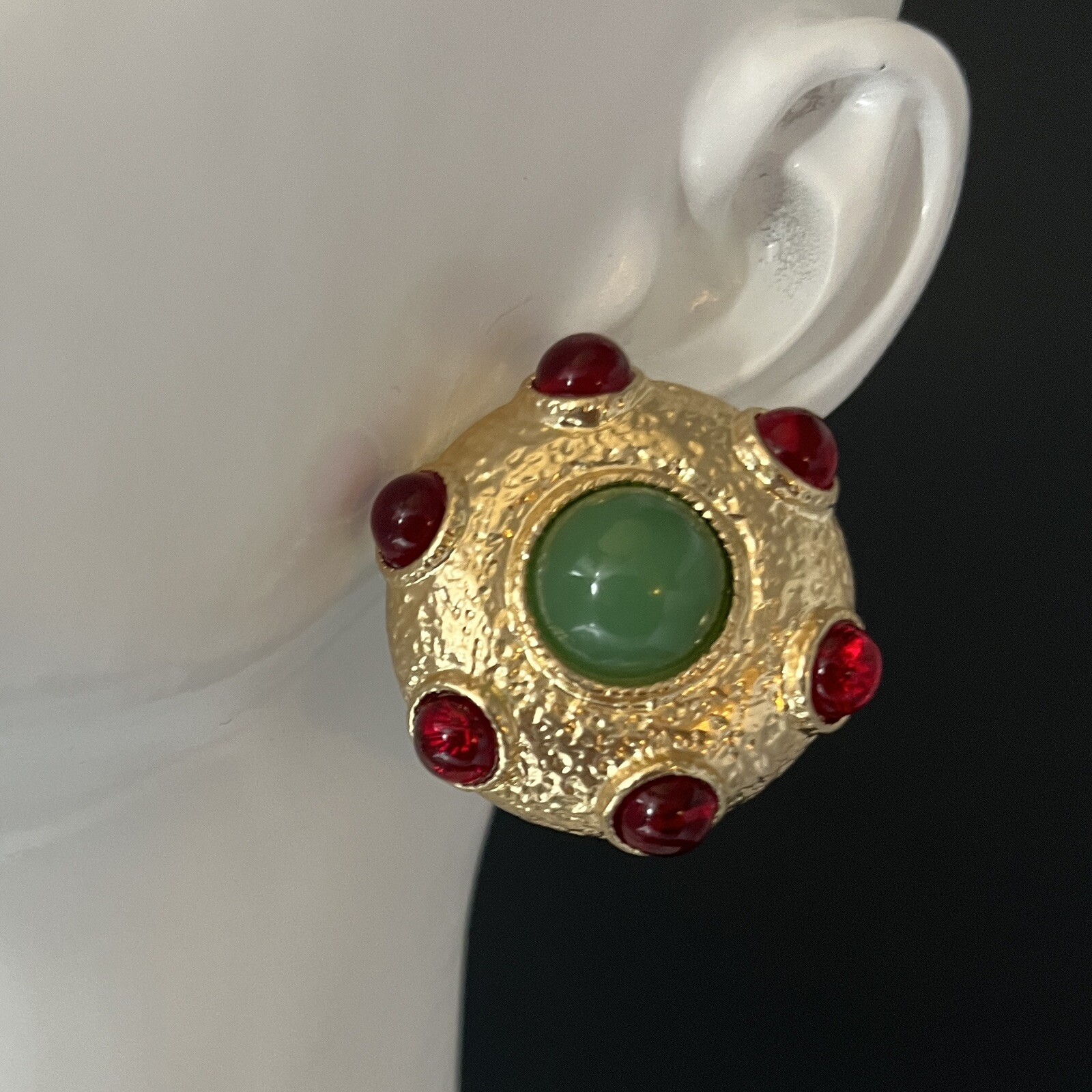 Etruscan Gripoix Glass Earrings Red Green Mogul Gold Dome Pierced Designer Style