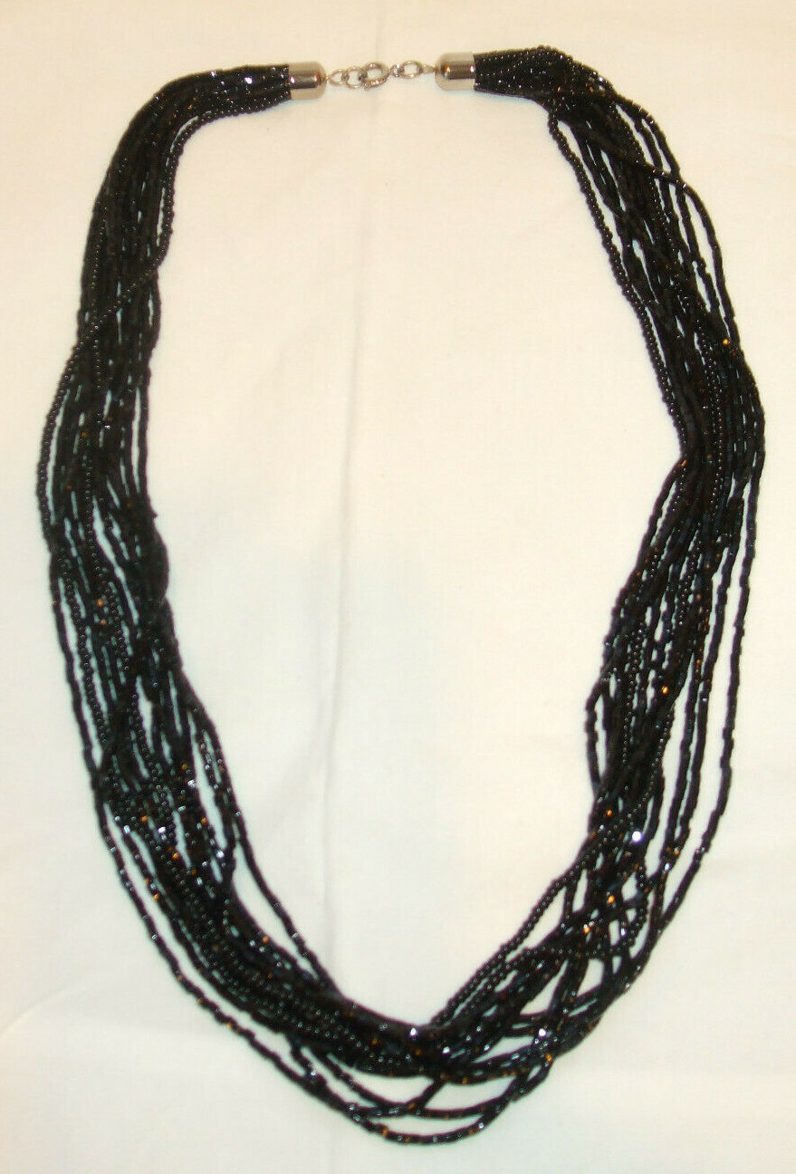 VINTAGE MULTI STRAND BLACK GLASS SEED BEAD NECKLACE 20″~NECKLACE ONLY