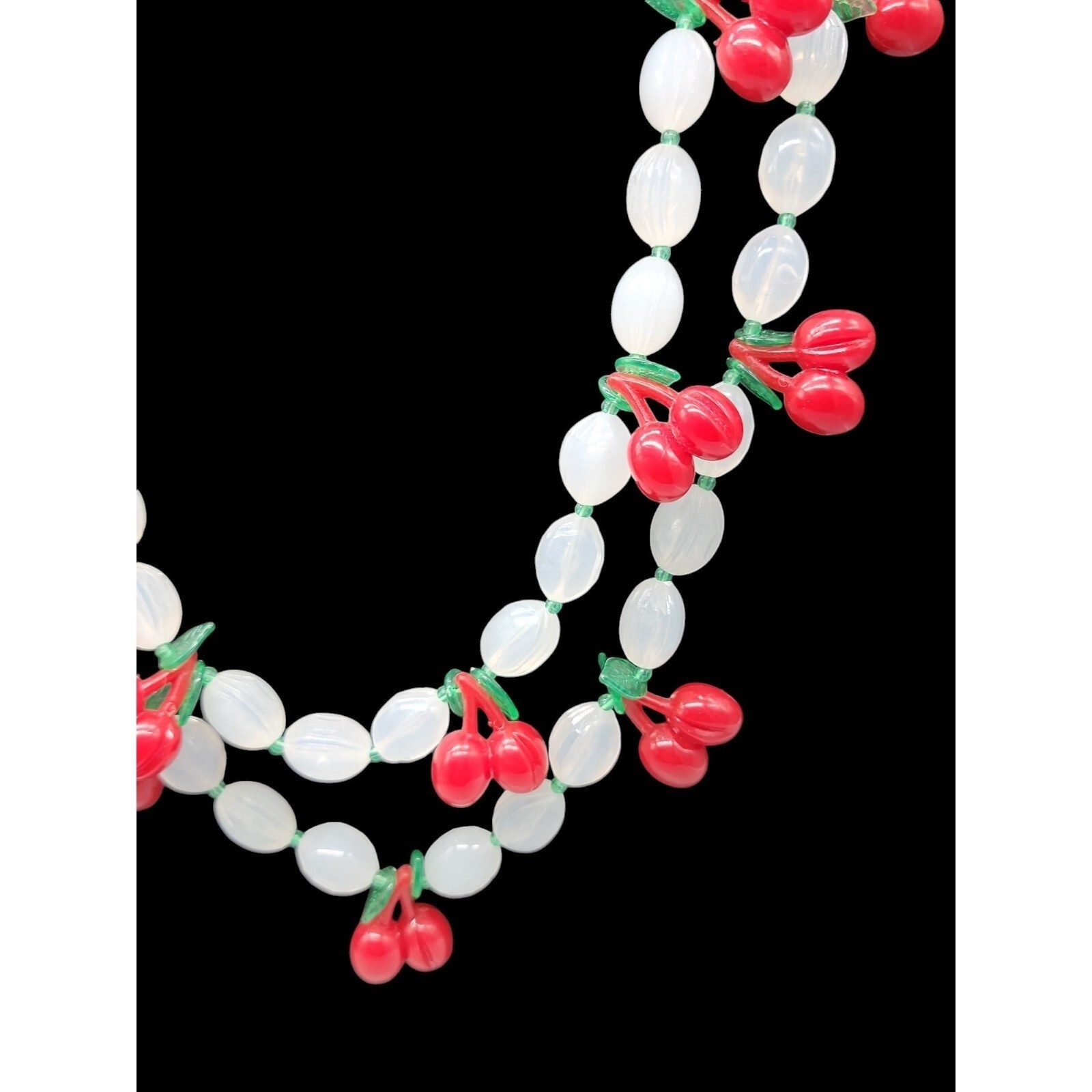 Lucite Cherry 34″ Necklace & 7″ Stretch Bracelet Red Cherries Translucent Beads