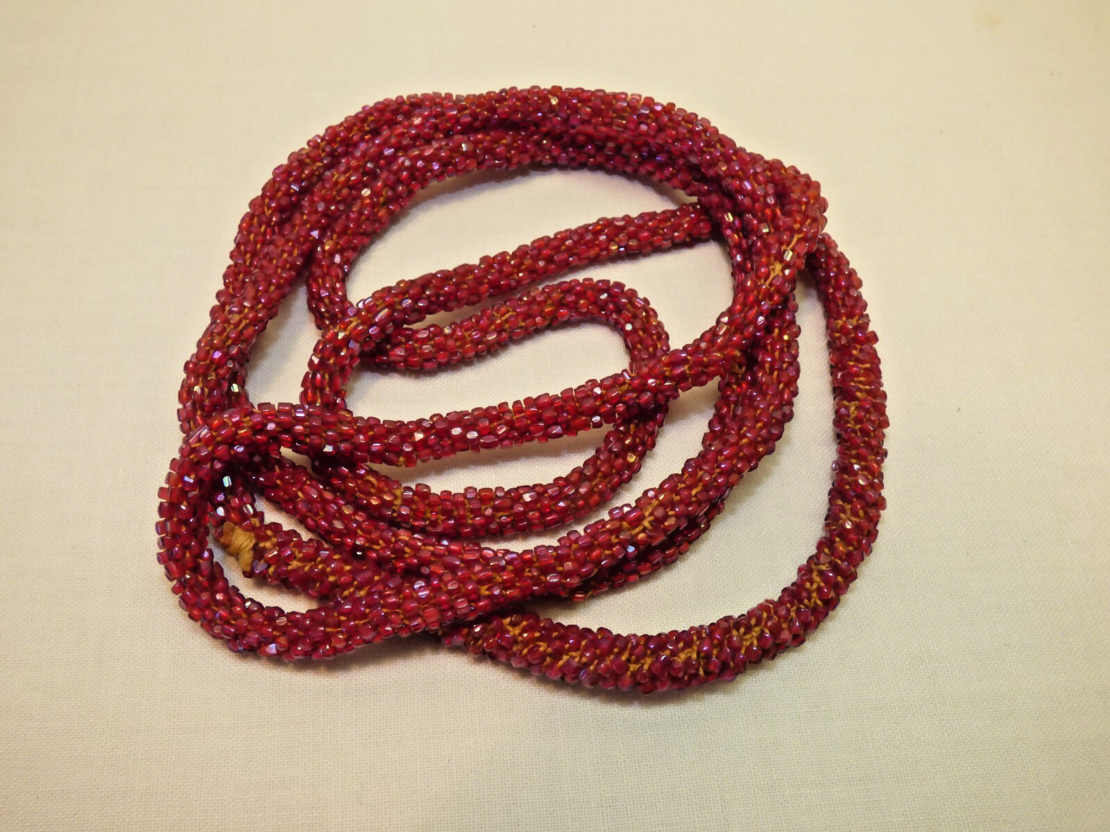Vintage 44″ Dark Red Iridescent Rope Flapper Necklace Glass Seed Beads Shimmer