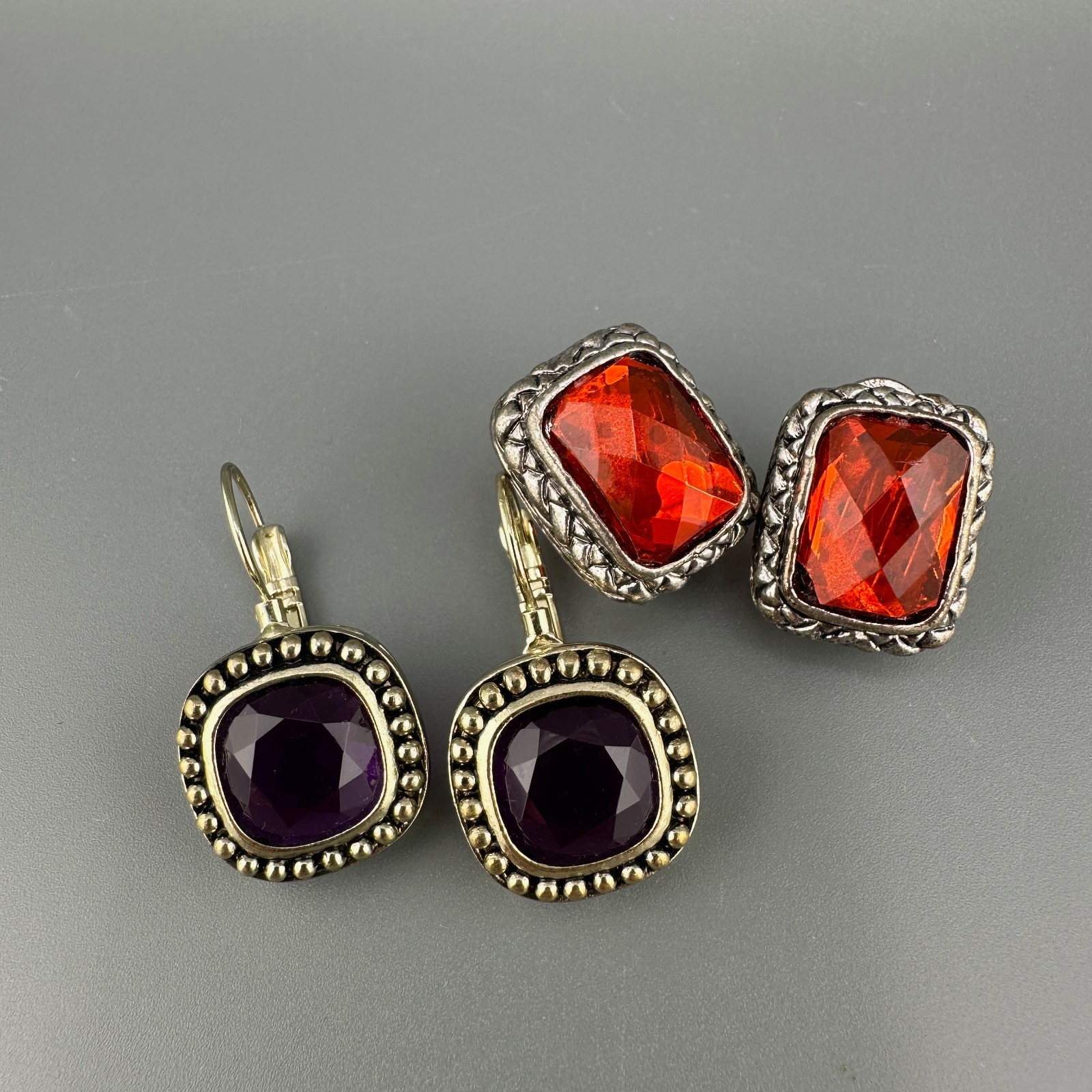 Vintage Rhinestone Earrings Lot Leverback Wingback Purple Red Silver Gold Tone