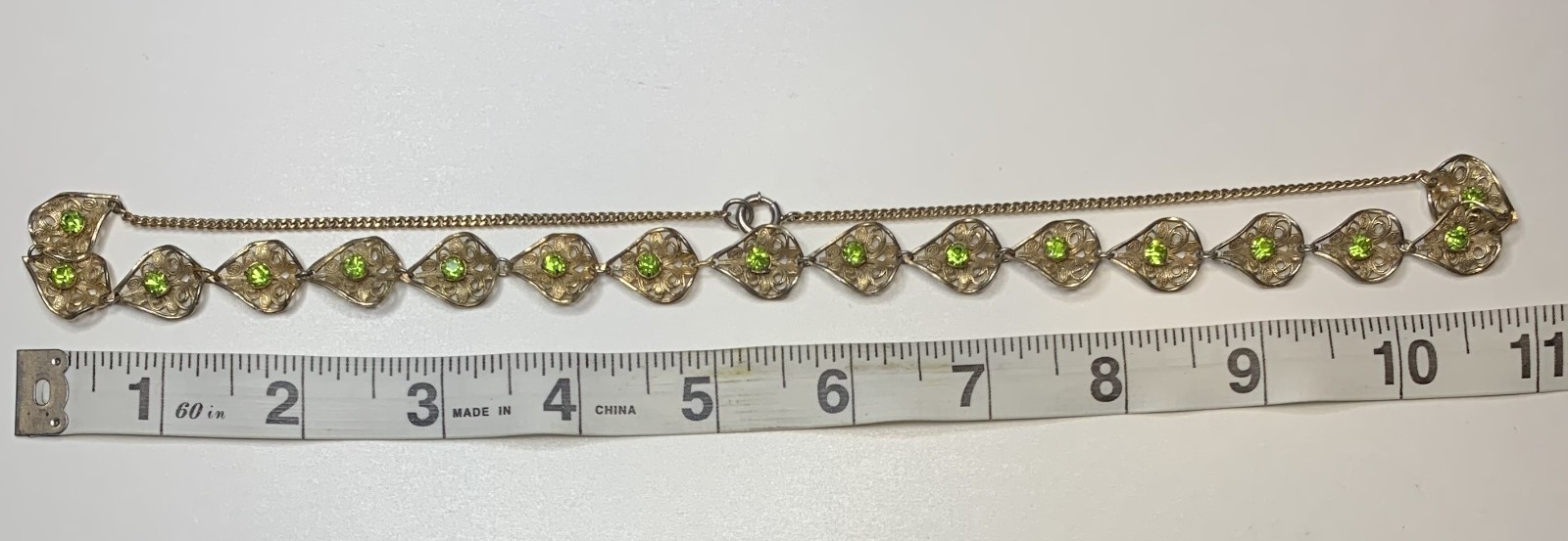 Vintage Gold Tone Necklace Filigree Petals With Lime Green Rhinestones 22”