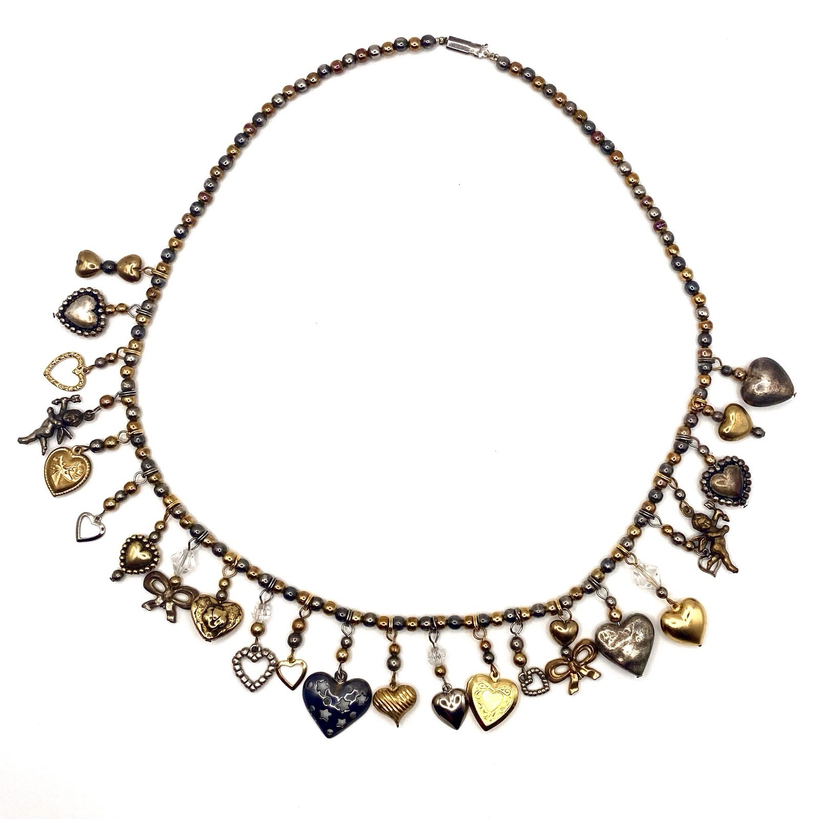 Vtg Estate Silver Bronze Gold Tone 24 Charms Necklace Glass Works Studio Style