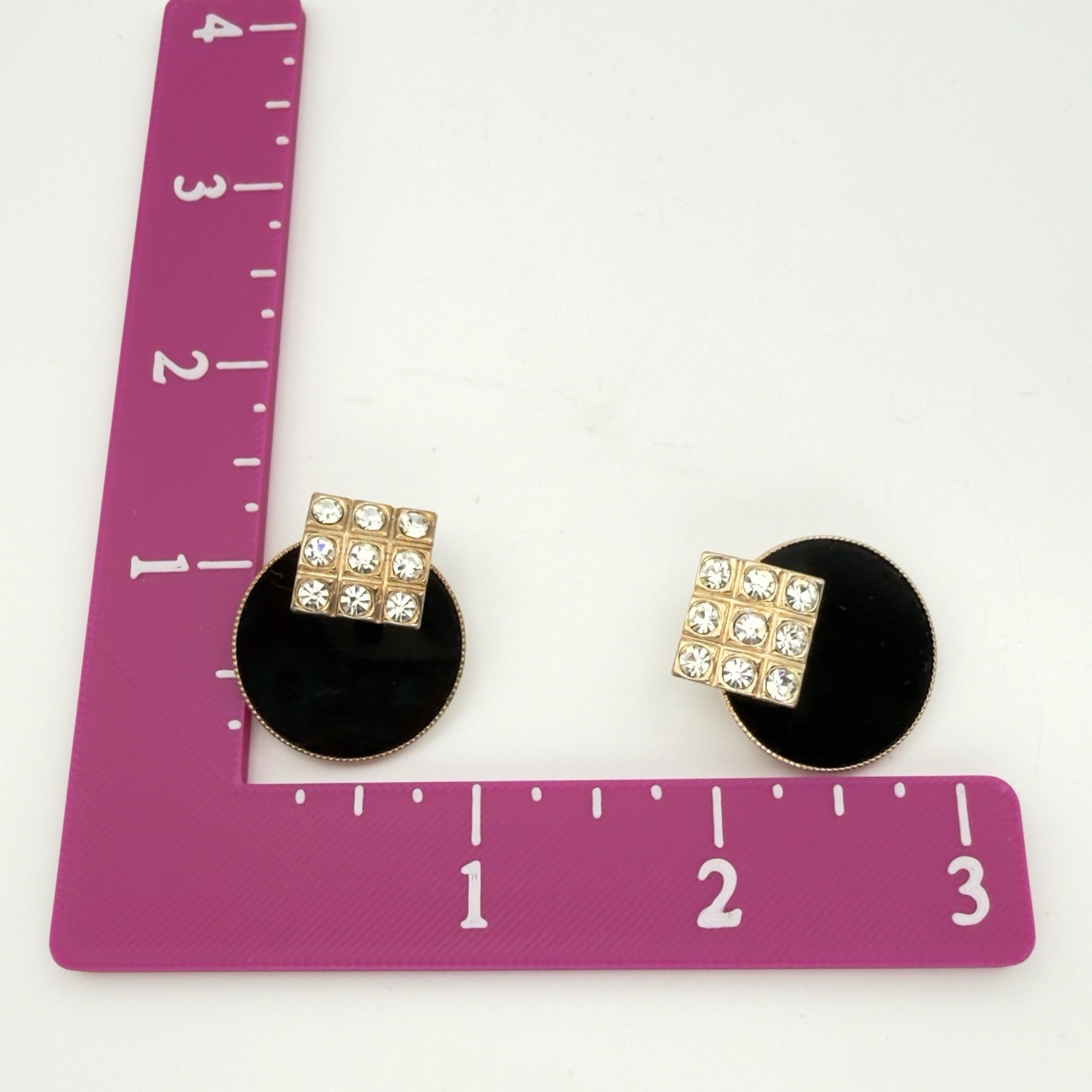 Vintage Rhinestone Clip On Earrings Black Enamel Gold Tone Geometric Discs