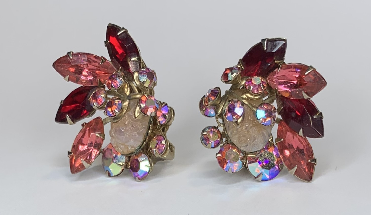 Vintage Pink Lava Glass Cabochon Red Pink and AB Rhinestone Clip On Earrings