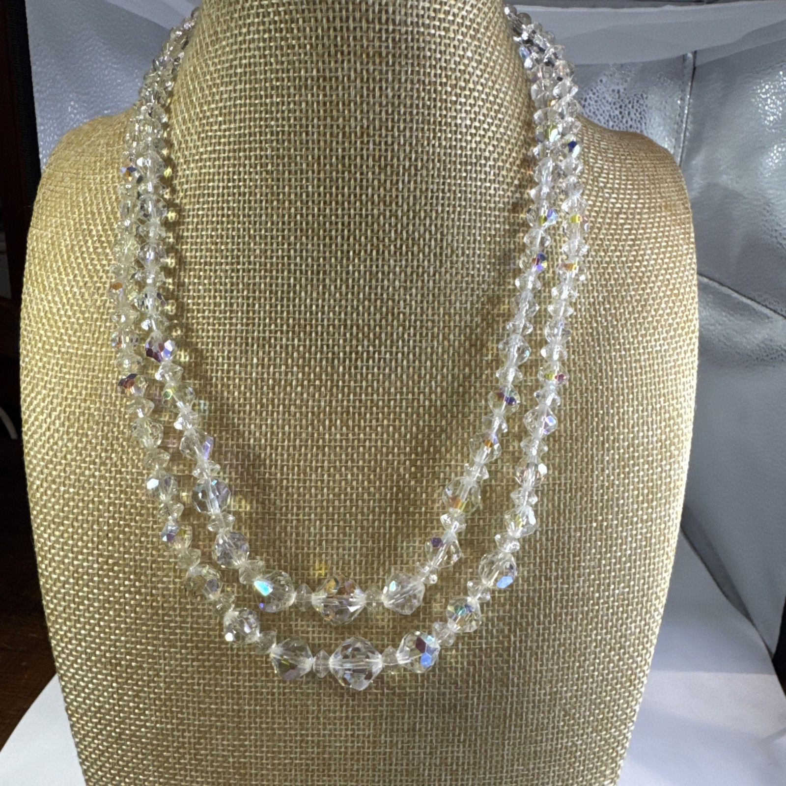Vintage Aurora borealis clear glass￼Crystal Double Strand Necklace 16-18”