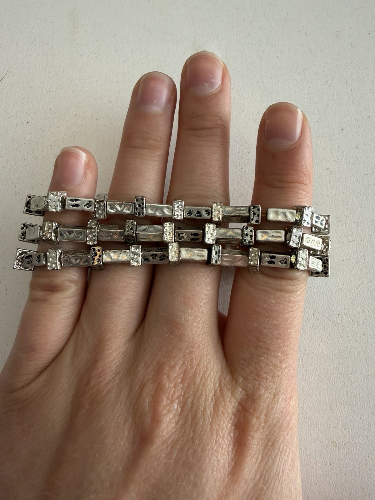 Vintage Silver Tone Triple Row Stretch Bracelet Hammered Brutalist Modernist