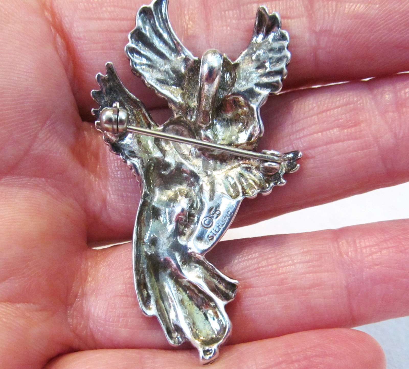 Vintage Shube Dimensional Angels Solid Sterling Silver Pendant Pin Brooch 2″long