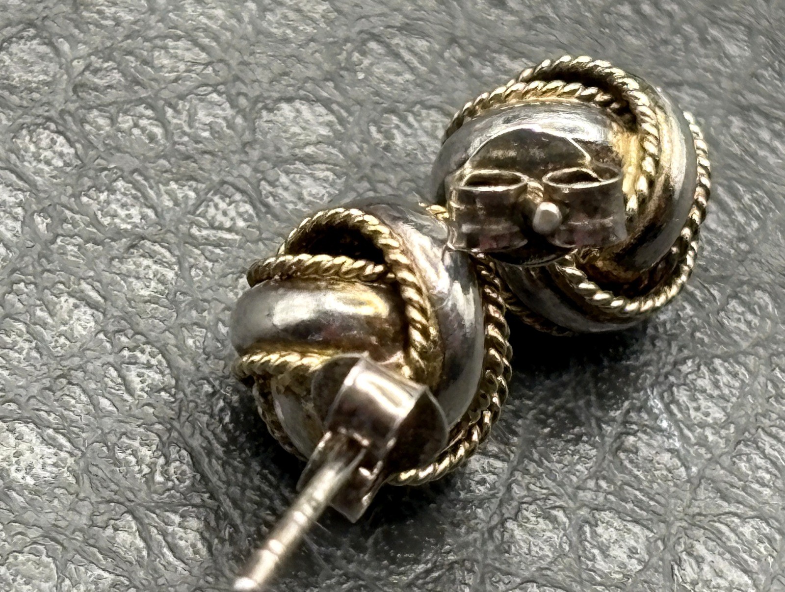 Vintage Two-Tone Sterling Silver 925 Twisted Rope Ball Love Knot 8.4MM Earrings
