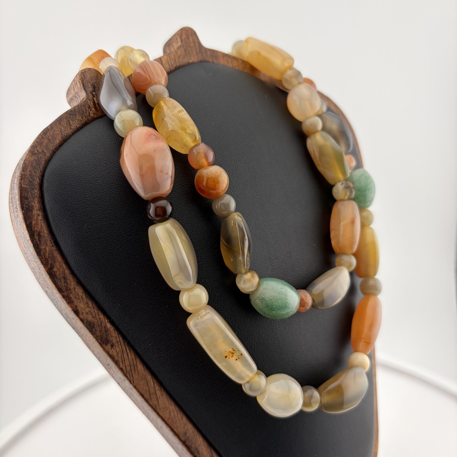 Vintage Beggar Beads Mixed Banded Agate Carnelian Stone Necklace Earthy Boho 17″