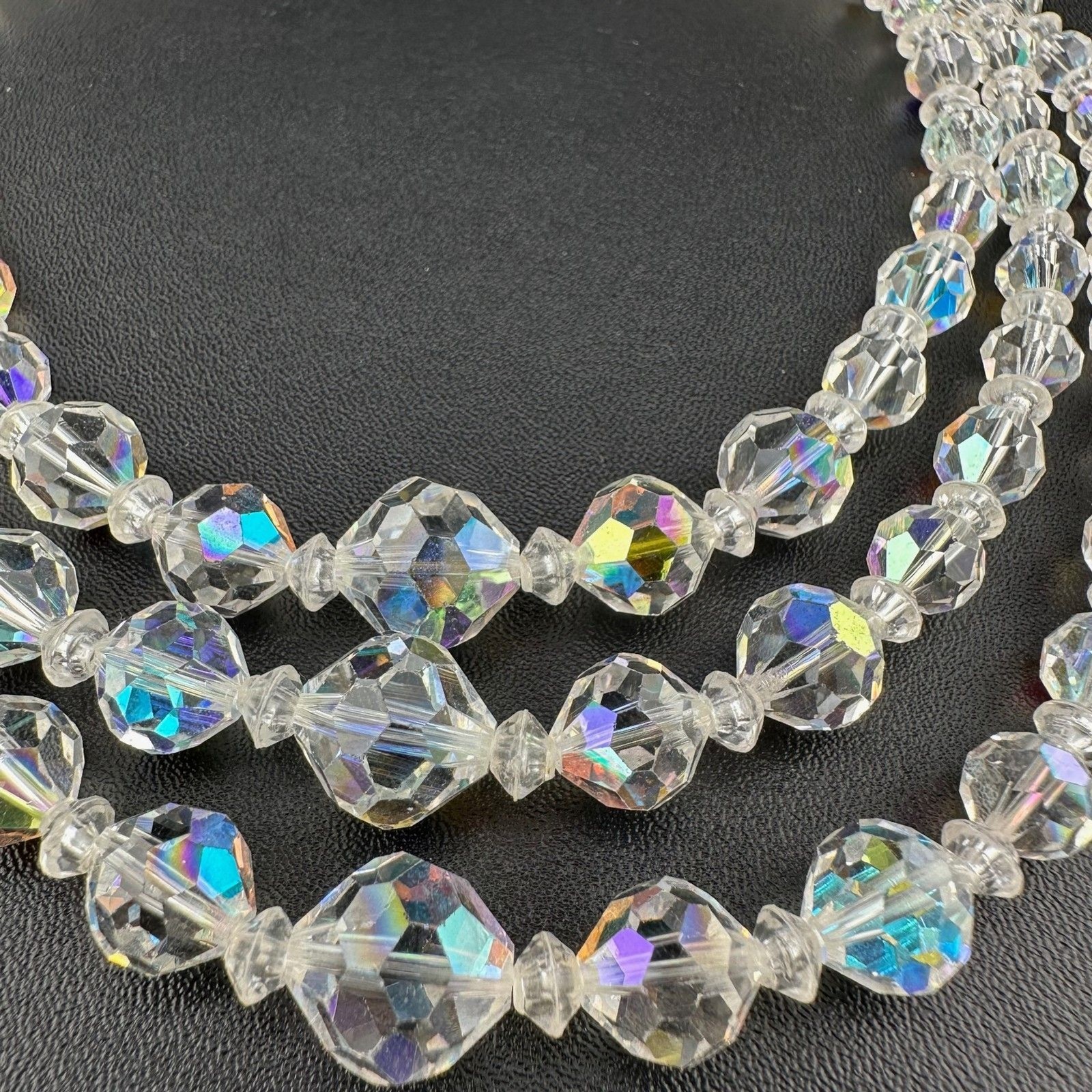 Vintage Aurora Borealis Necklace Crystal Faceted Three Strand Adjustable Hook