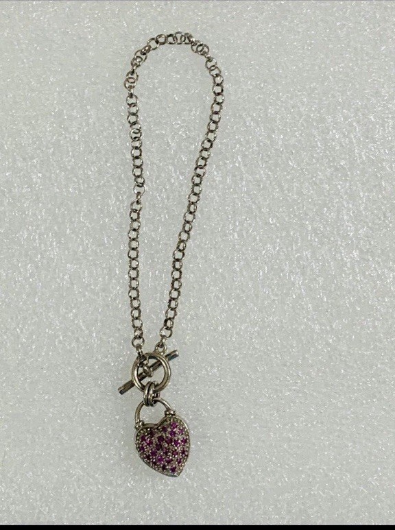 Sterling Silver Vintage Chain Bracelet W/Crystal Heart Charm & Toggle Clasp