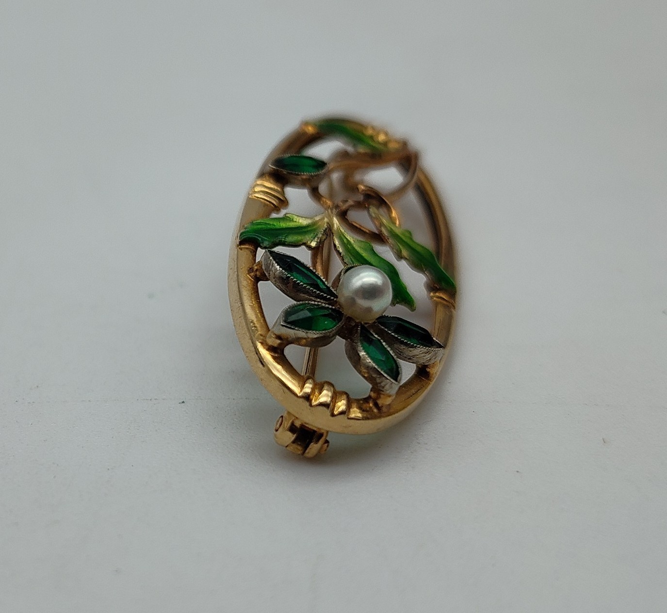 Vintage Flower Pearl Aqua Stone 10K Yellow Gold Green Enamel Brooch Pin Lapel