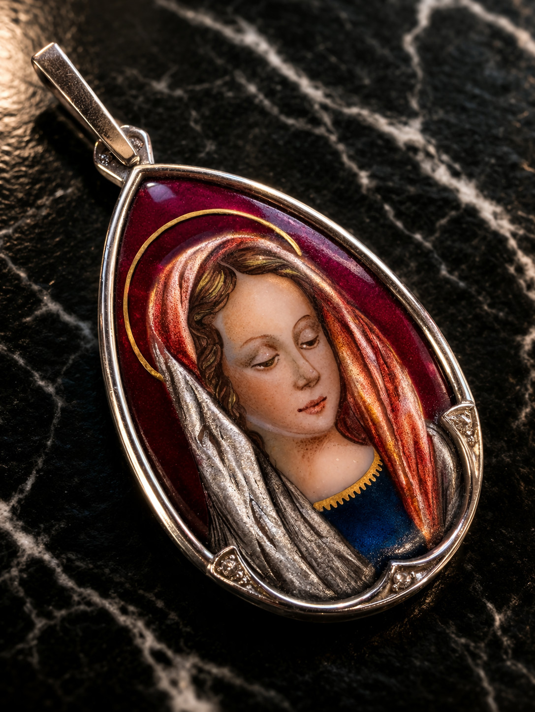 Fine Antique Art Nouvea 18K 18CT Gold Enamel Virgen Mary Medal Pendant Ca XIX