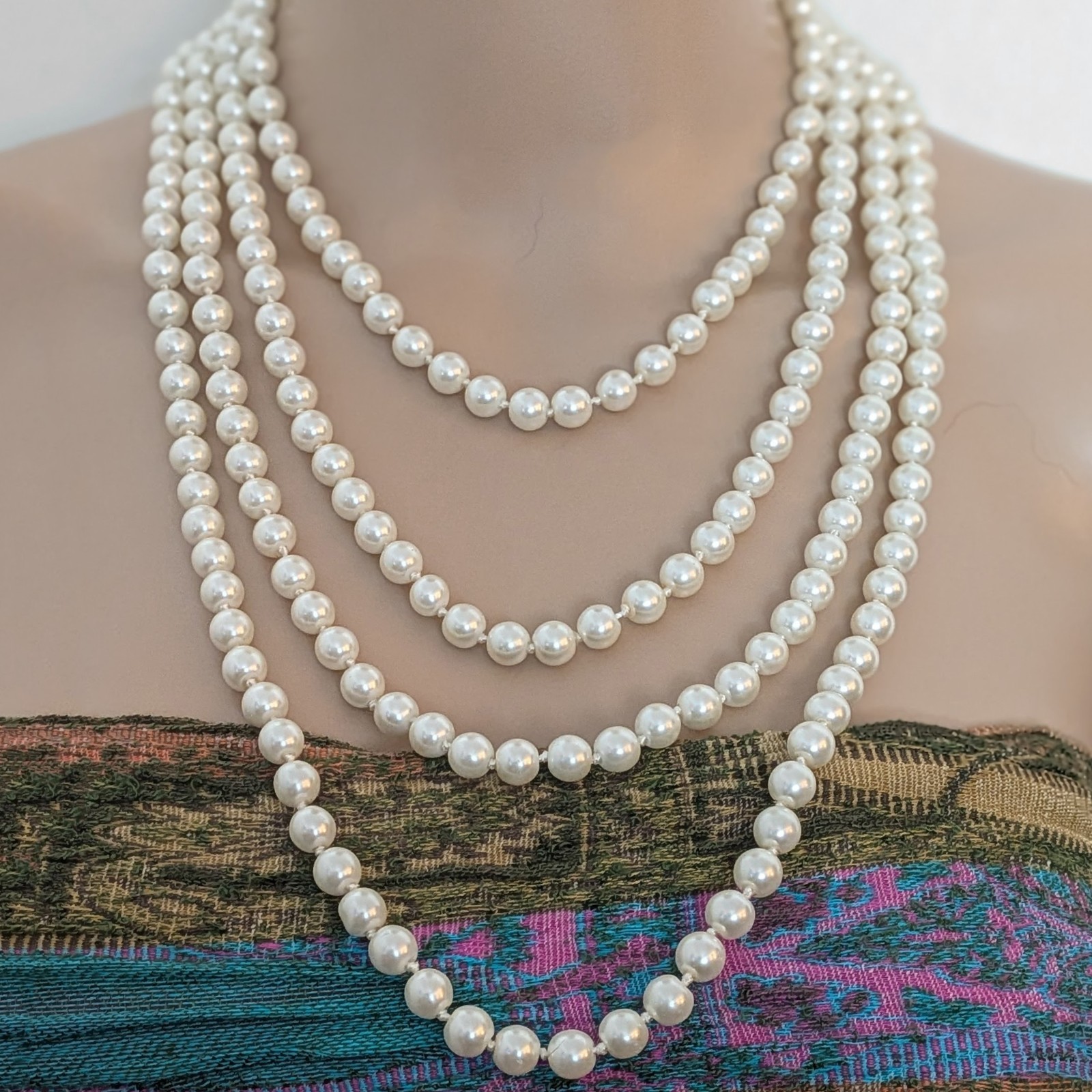 Vintage 94″ Knotted Glass Faux Pearl Rope Necklace Long Wrap Layered 1980s