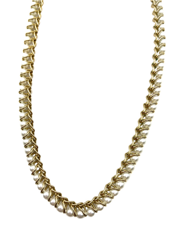 Vintage Gold Tone Faux Pearl Necklace Curb Linked Wire Wrapped 17” Costume GUC