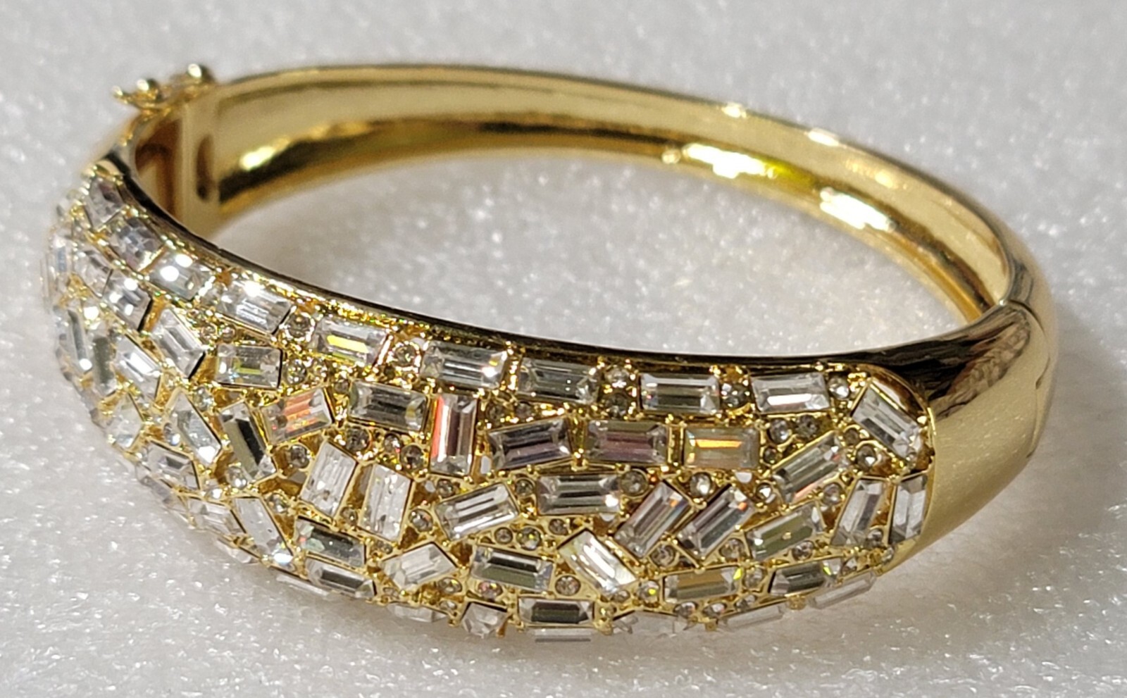 Vintage Mosaic Style Clear Rhinestones Hinged Chunky Cuff Locking Bracelet