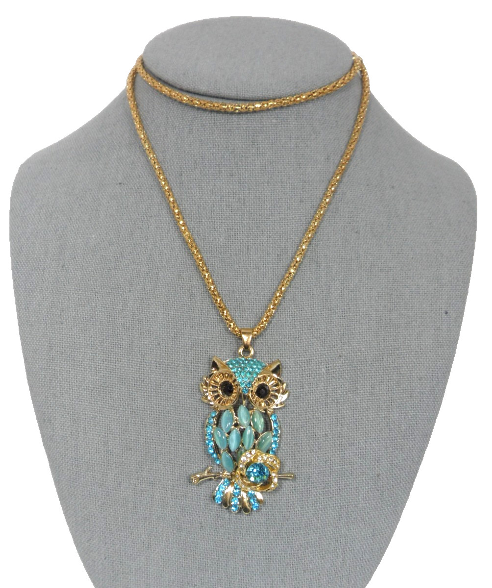 Blue Rhinestone Owl Pendant Necklace 26″ Long Popcorn Chain Granny Core Vtg