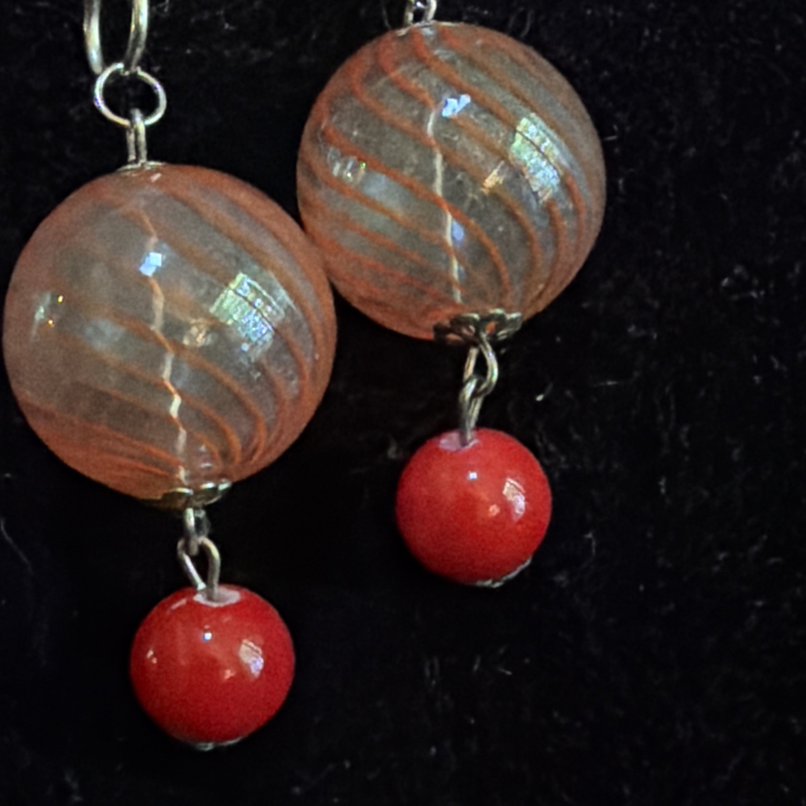 Vintage Orange Striped Blown Glass With Red Glass Drop Accent Earrings Pierced