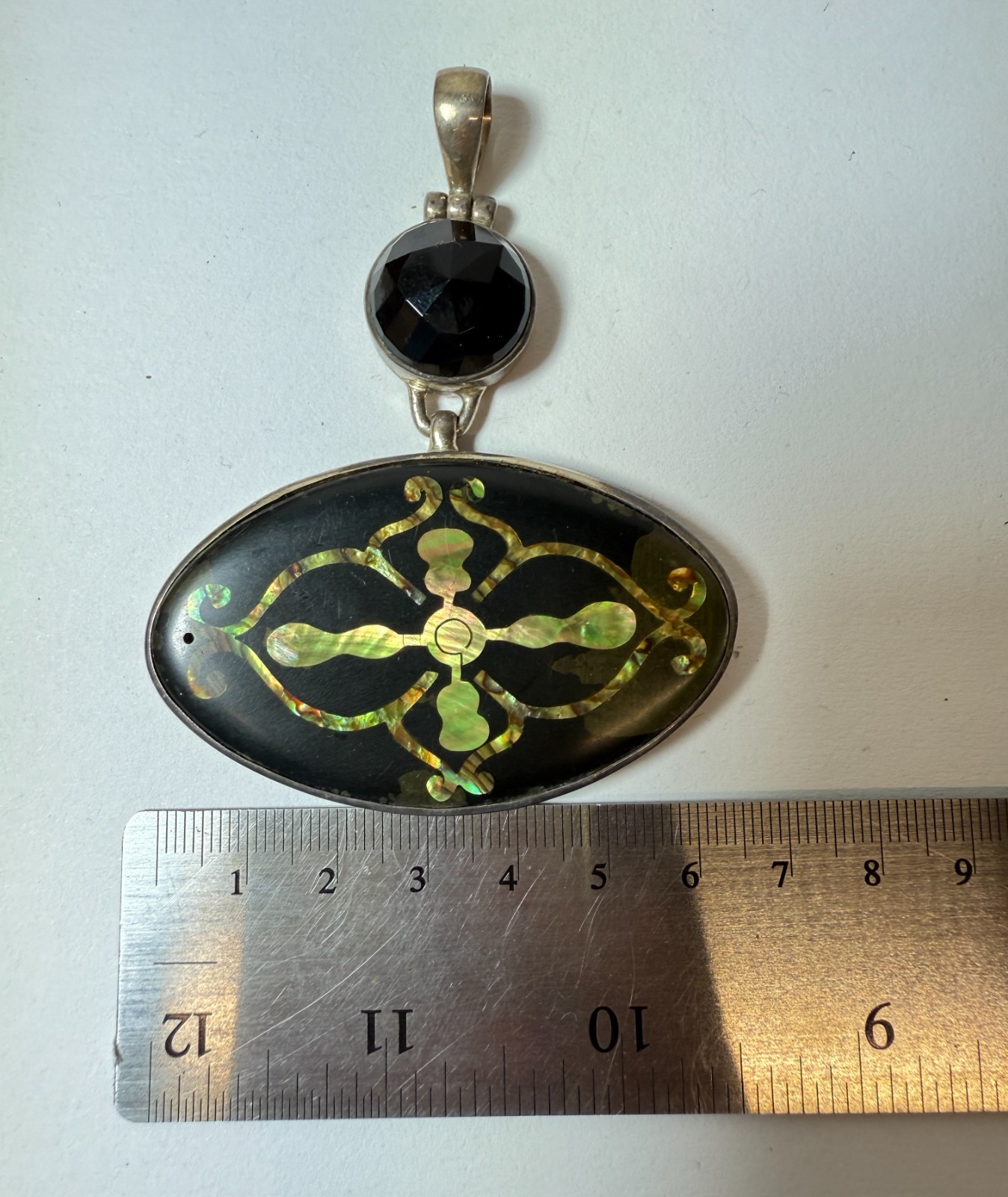 Mexican Sterling Silver Pendant Onyx and Abalone Inlay Large Vintage 38g