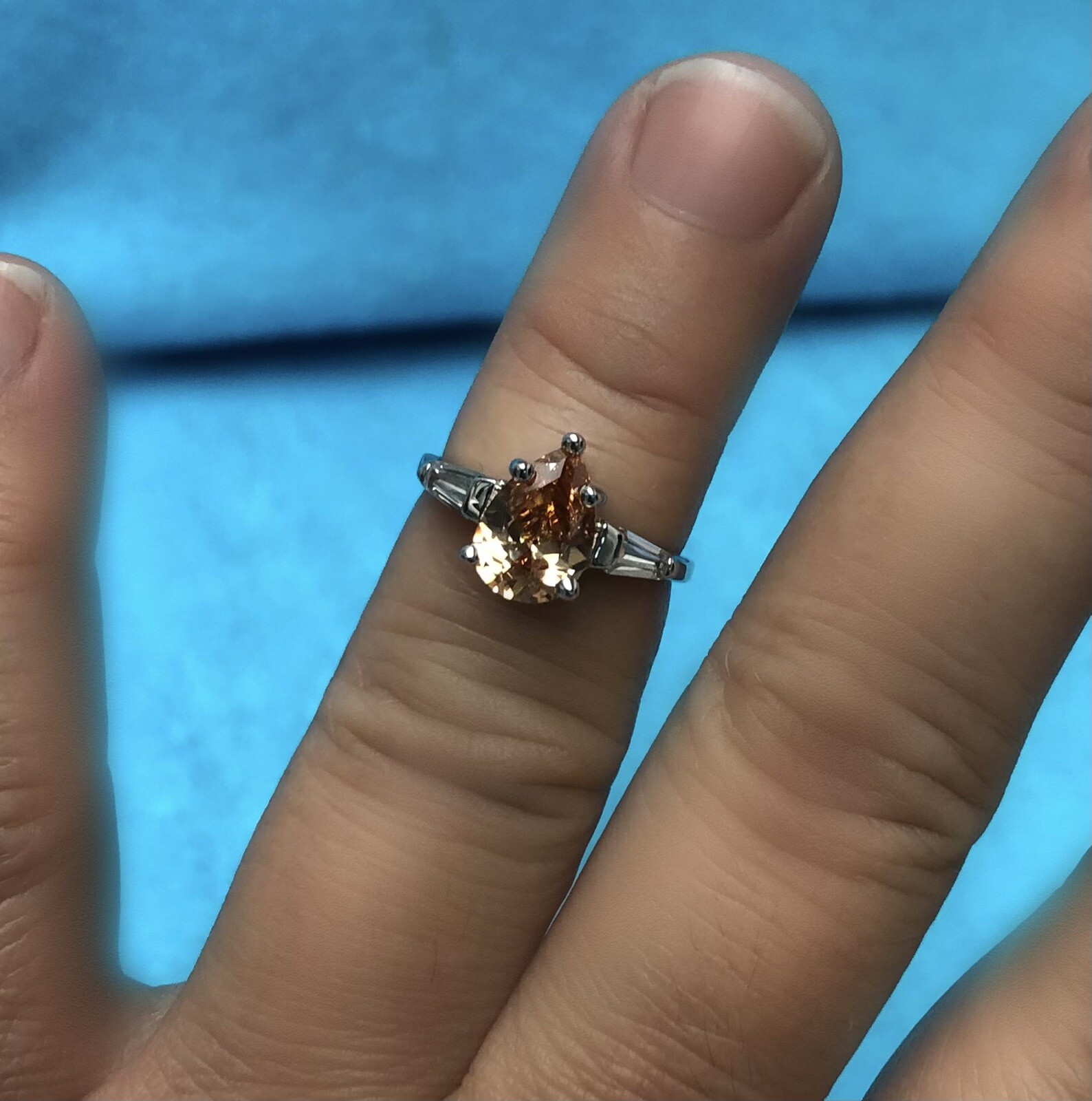 Sterling Silver – Amber Citrine Color Pear Shape Cubic Zirconia Shiny Band Ring