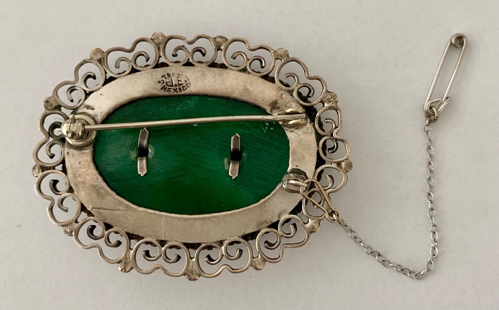 Vintage Mexico Sterling Silver & Green Onyx Siesta Brooch with Safety Clasp