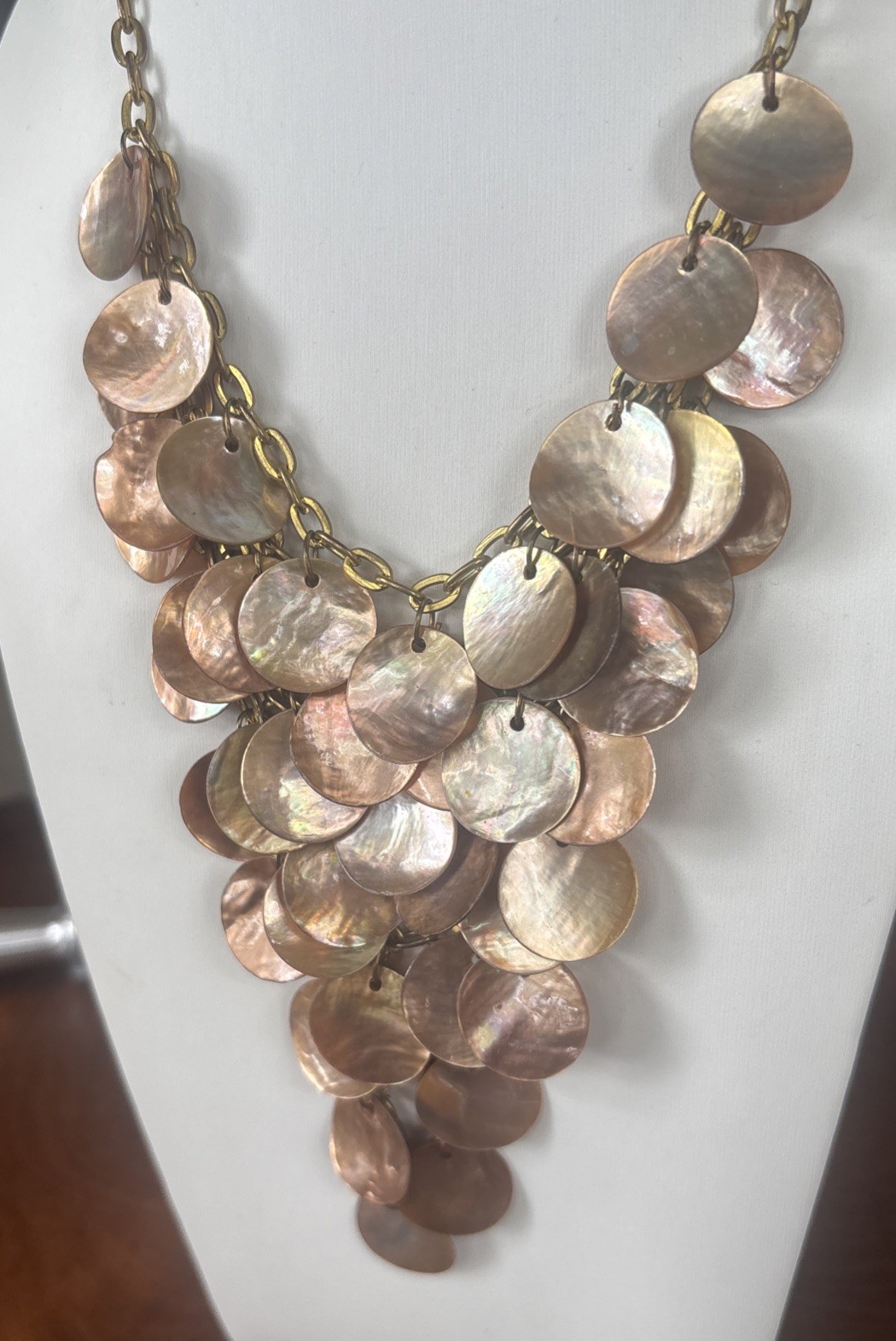 Vintage Cascading Gold & Bronze Iridescent Shell Disc Statement Bib Necklace