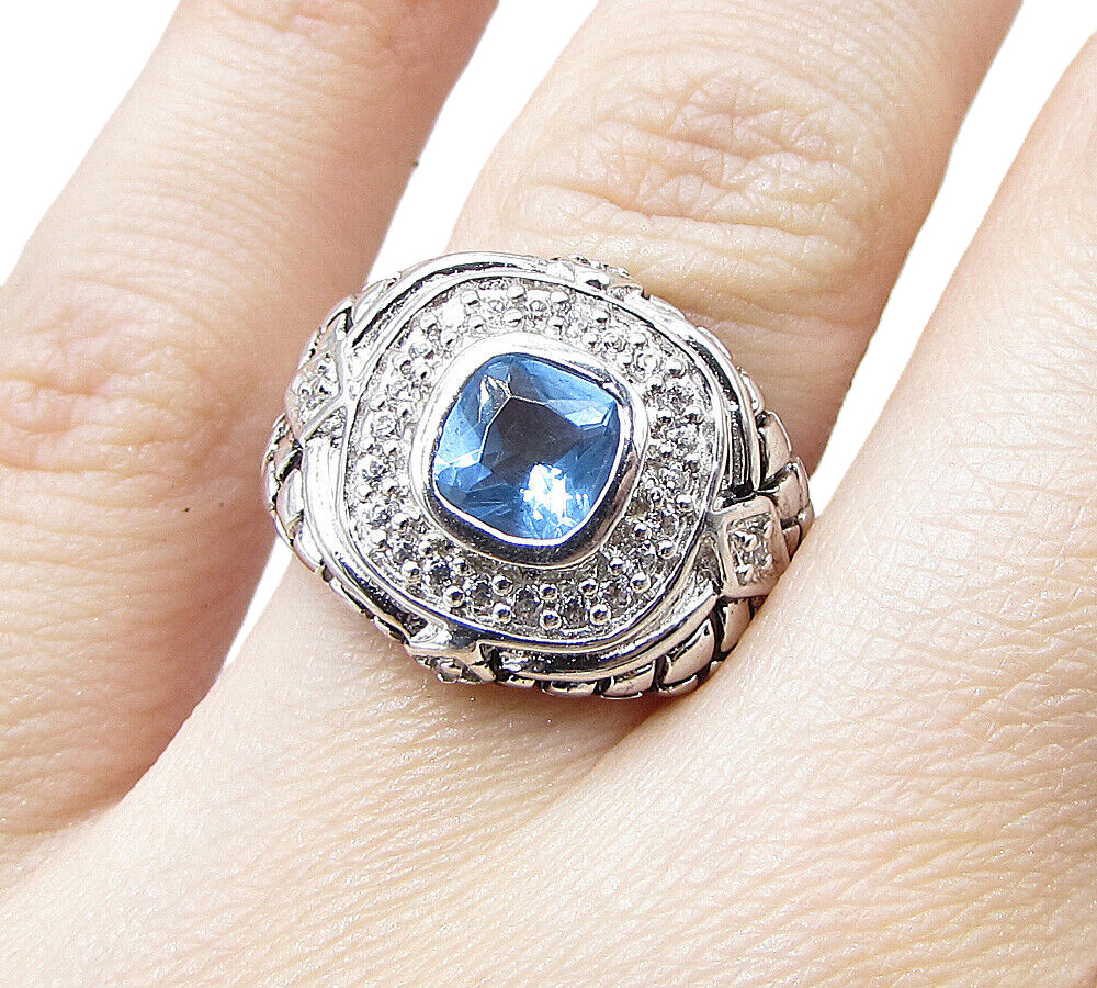 925 Silver Blue Topaz & White Cubic Zirconia Cocktail Ring Sz 6 RG1584