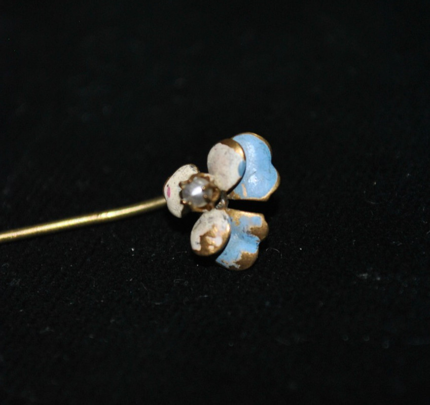 Antique Enamel Pansy Flower Brass Stick / Tie Pin with Faux Pearl victorian