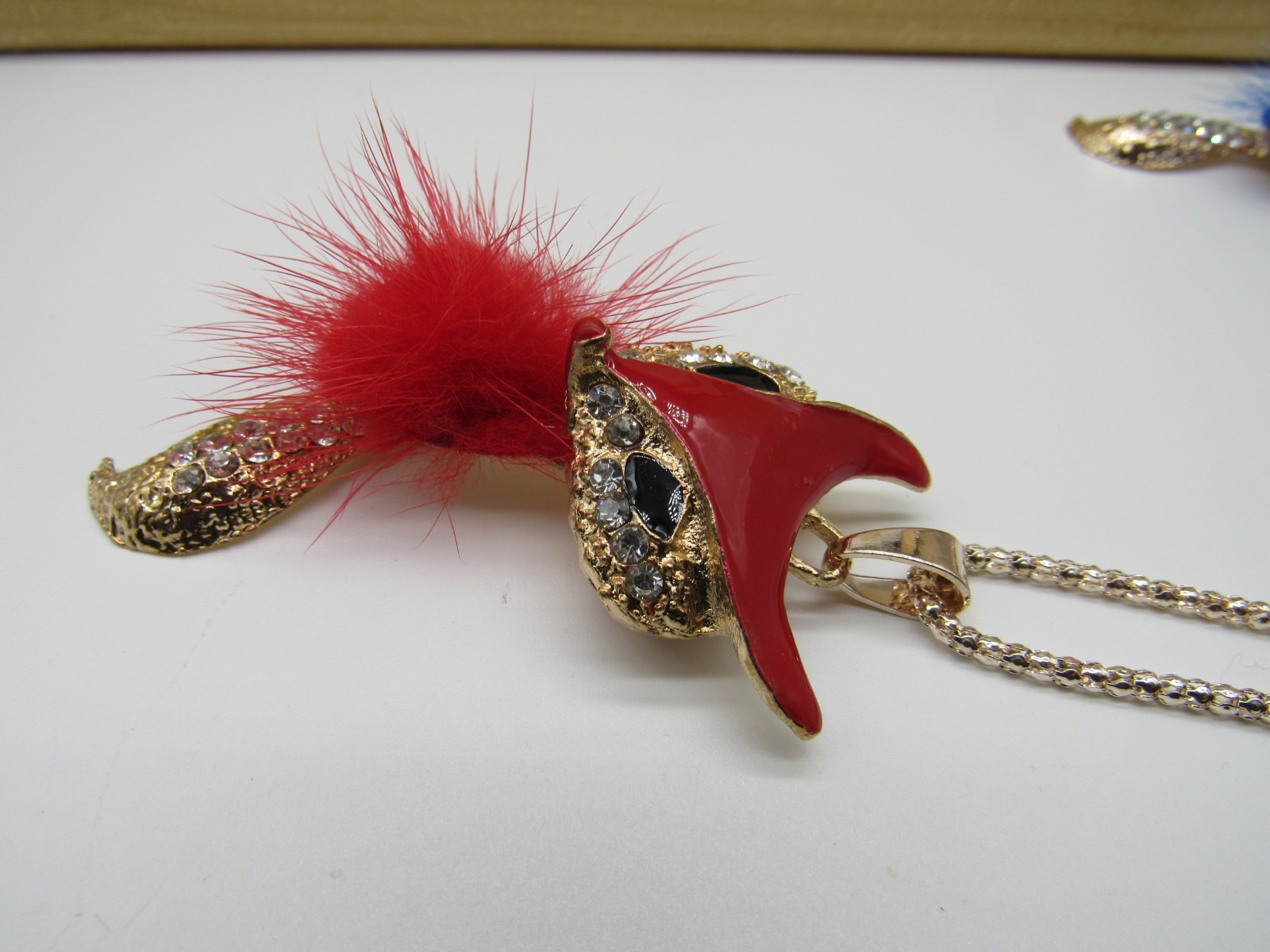 Lot of 2 vintage rhinestone faux fur fox pendant necklaces – red & blue