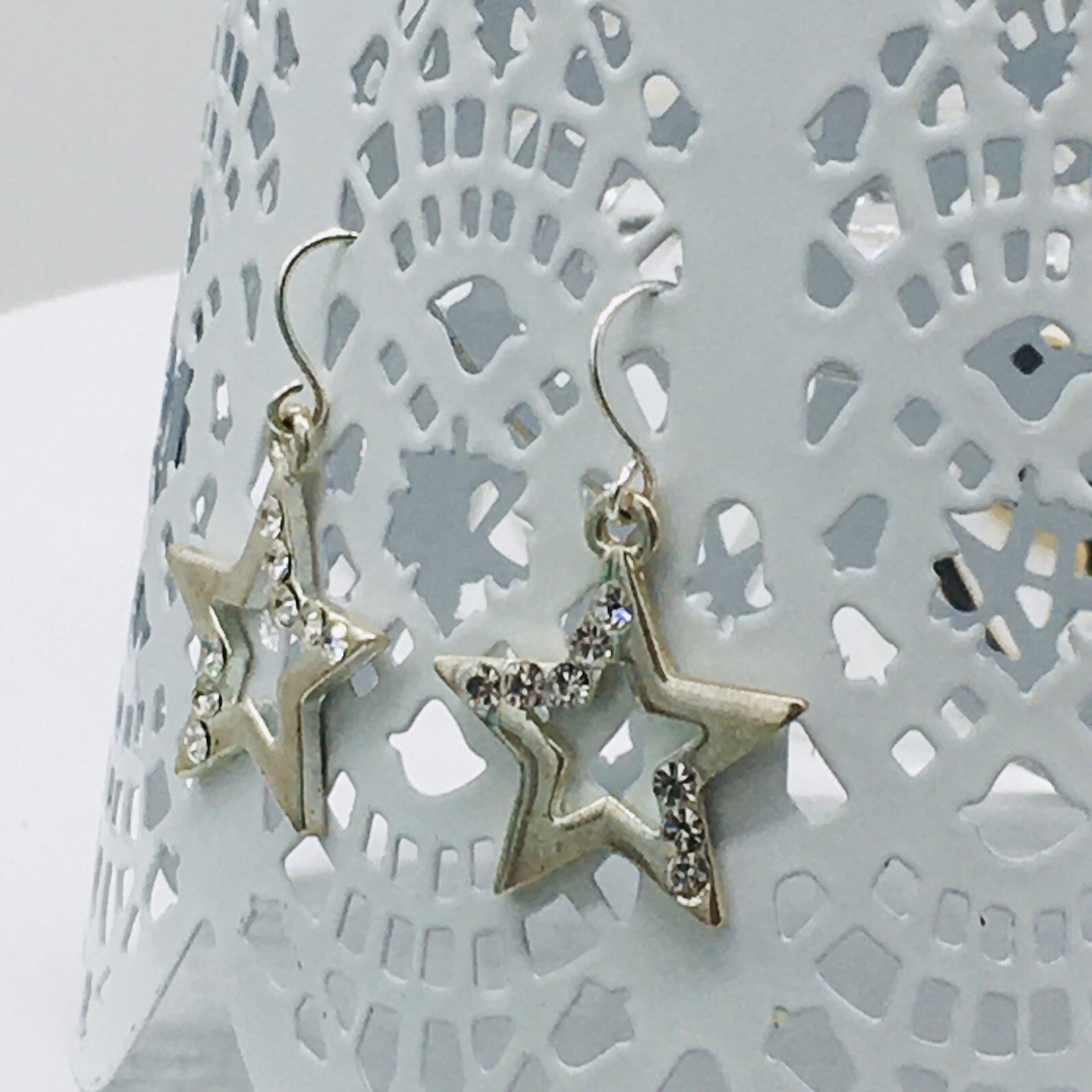 Silver Tone Star Rhinestone Dangle Earrings Approx .9″