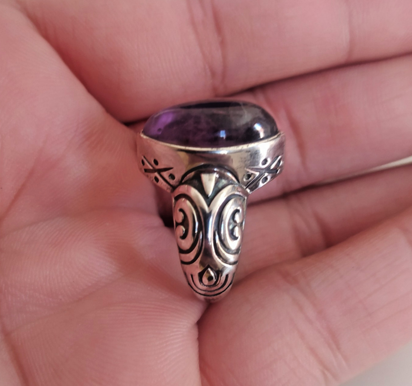 Ancient Vintage Victorian Sterling Silver Ring Natural Amethyst Stone Size 8