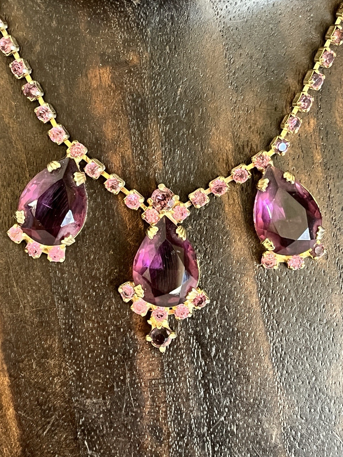 Vintage Purple Rhinestone Necklace and Earring Set Choker and Clip Ons