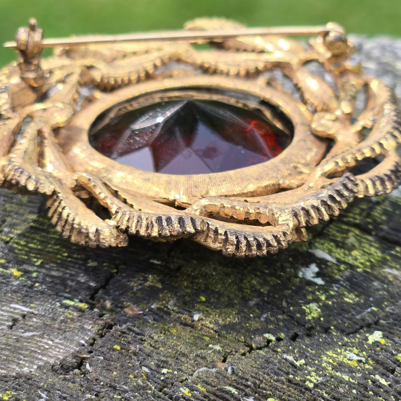 Vintage Amber Glass Brooch Gold Tone Botanical Fern Statement Pin boho Jewelry