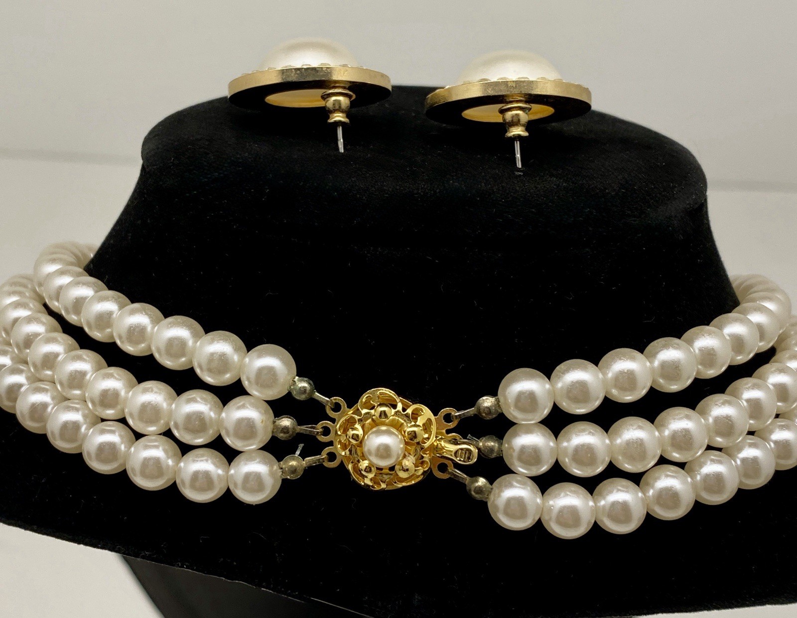 Vintage Lot of 2, Black, White Multi Strand Faux Pear Necklaces & Earrings Sets