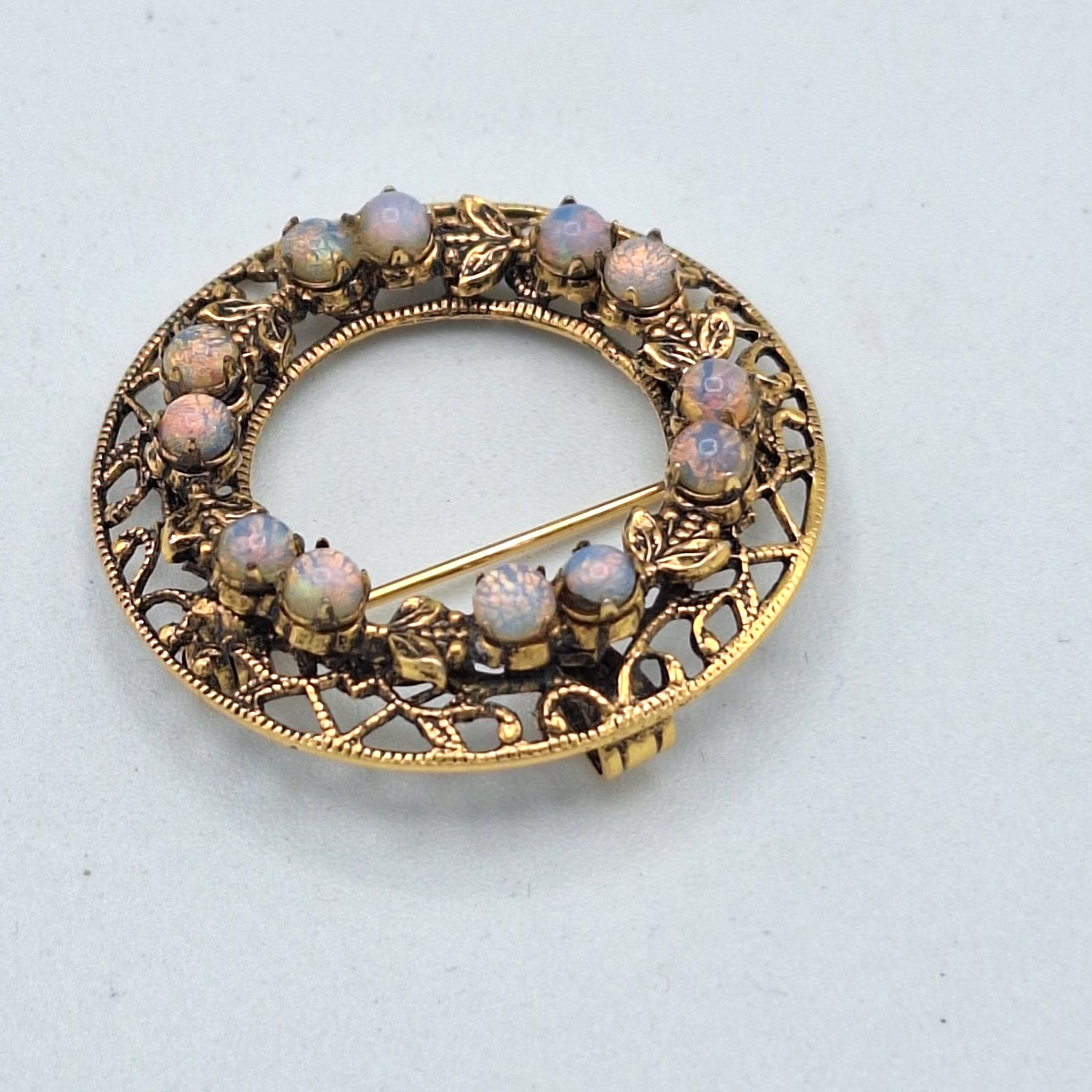 Vintage Faux Opal Filigree Wreath Brooch Pin with Pendant Bail, Gold Tone, 1.25″